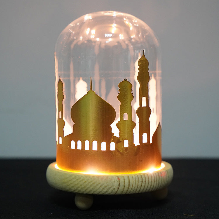 Ramadan Mosque Night Light Glass Cover Wooden Base Decoration